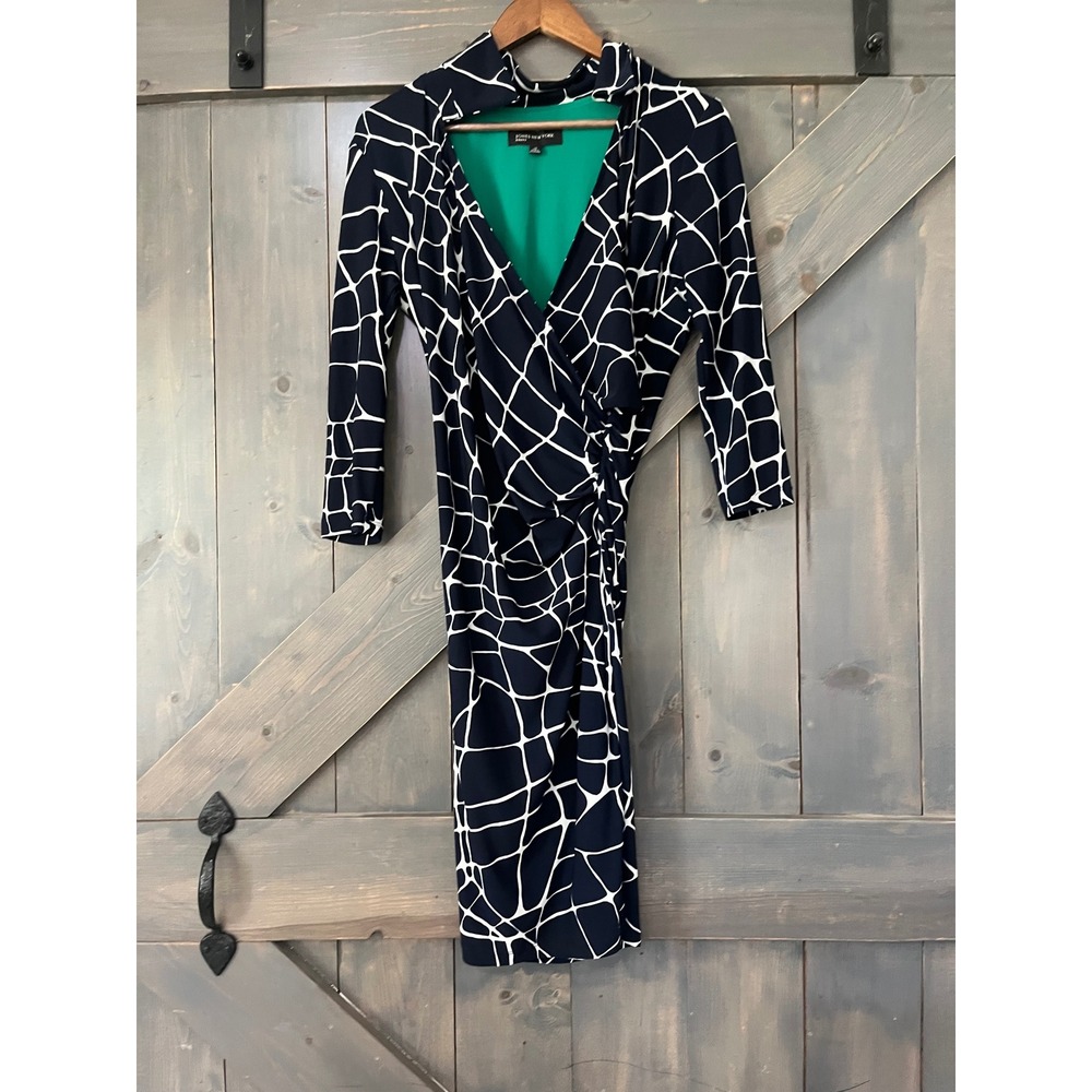 Jones New York Navy Geometric Faux Wrap Sheath Dress 10 Professional Minimalist